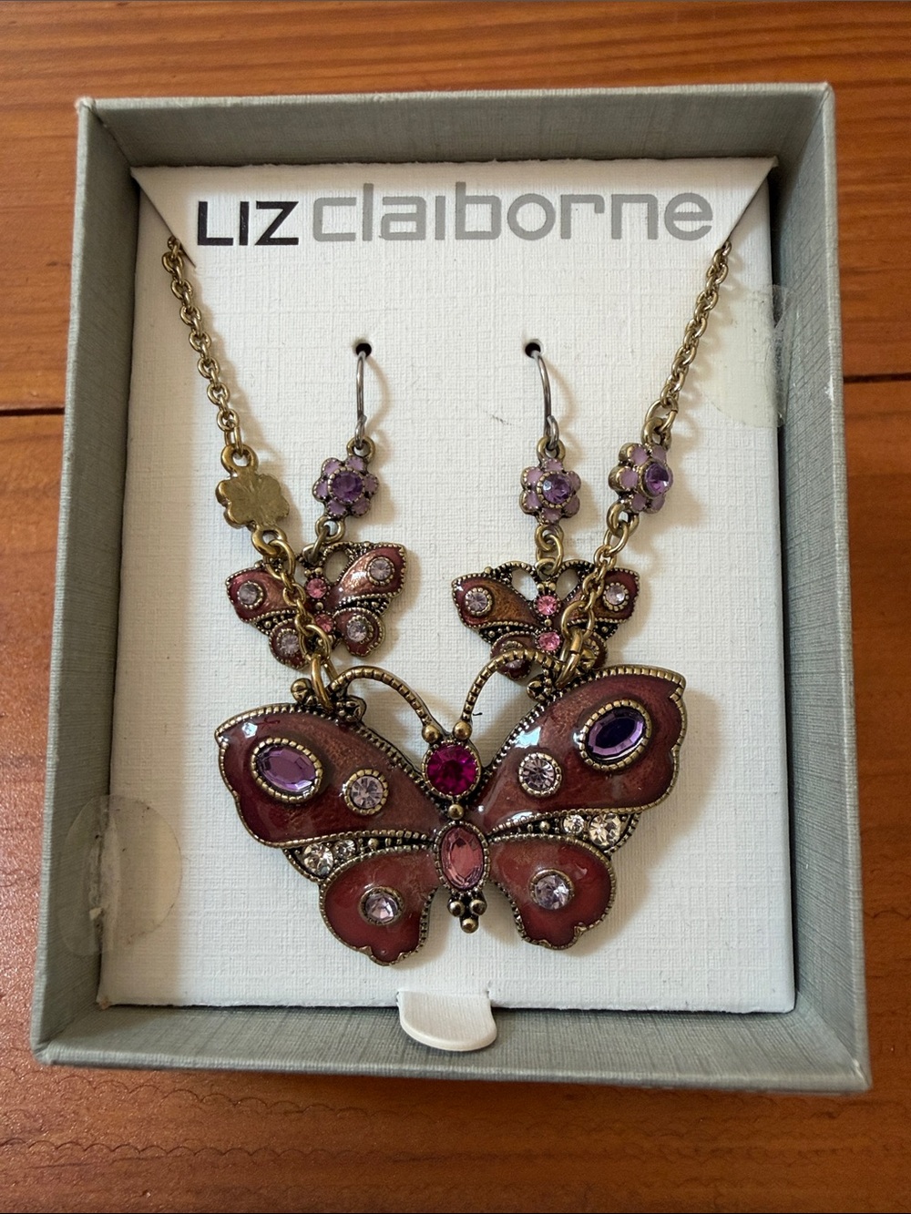 Liz Claiborne Gold-Tone Necklace/Earring Set with Pink/Purple Accents, VINTAGE